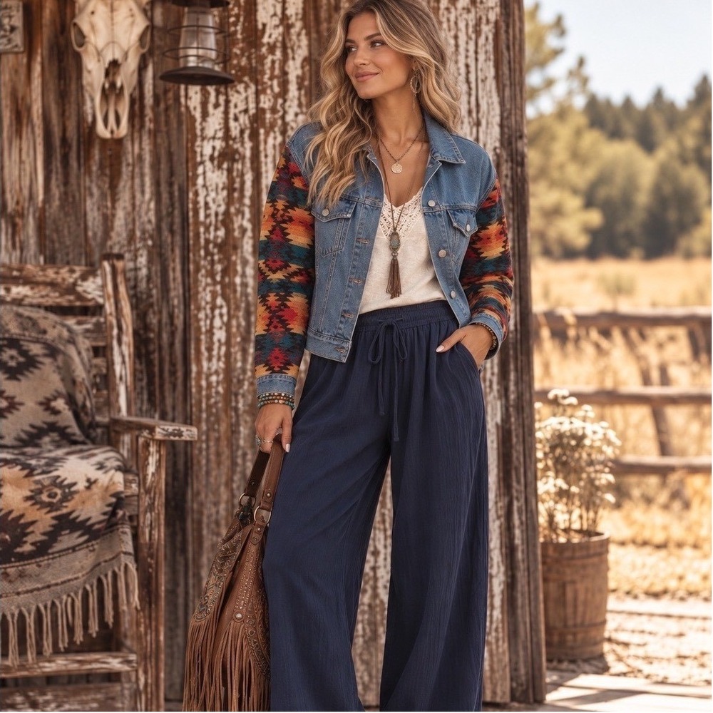237. New Blue B Collection Aztec Denim Jacket Southwestern Western Wear Boho M